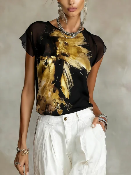 

Elegant Random Print Printing Crew Neck Blouse With Sling, Black-yellow, Blouses and Shirts