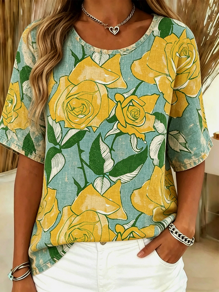 Vintage Floral Crew Neck Short Sleeve T-shirt