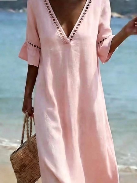 

Women Plain Summer Dress V Neck Half Sleeve H-Line Dress, Pink, Dresses