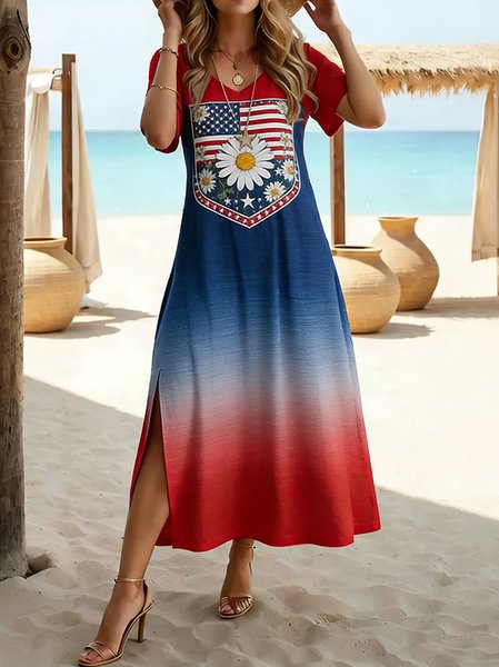 

Women Floral Summer Dress V Neck Short Sleeve T-Shirt Dress A-Line Dress, Red-blue, Dresses