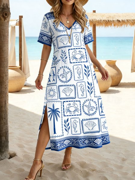 

Women Shell Summer Dress V Neck Short Sleeve T-Shirt Dress A-Line Dress, As picture, Dresses
