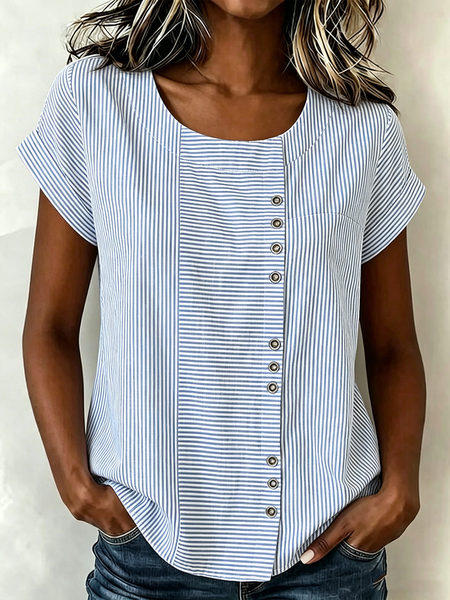 

Crew Neck Short Sleeve Striped Regular Loose Shirt For Women, Blue, Blouses