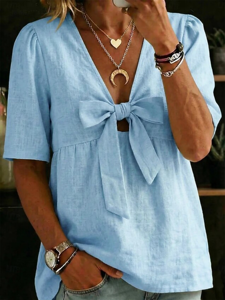

Short Sleeve Plain Regular Loose Shirt For Women, Sky blue, Blouses