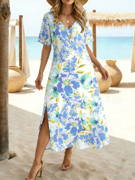 

Women Leaf Summer Dress V Neck Short Sleeve T-Shirt Dress A-Line Dress, Multicolor, Dresses