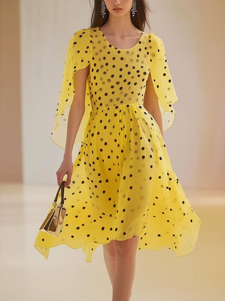 

Elegant Polka Dots Printing Crew Neck Knee Length Dress, Yellow, Midi Dresses