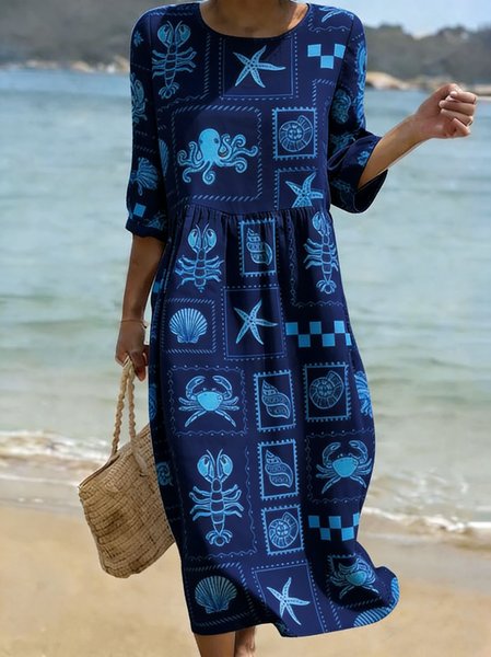 Women Ocean Pattern Summer Dress Crew Neck Short Sleeve Fit & Flare Dress A-Line Dress