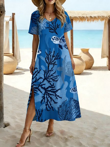 

Women Shell Summer Dress V Neck Short Sleeve T-Shirt Dress A-Line Dress, Blue, Dresses