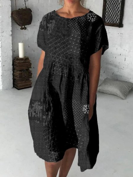 Women Geometric Summer Dress Crew Neck Short Sleeve O-Line Dress