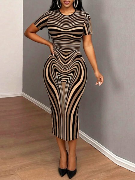 

Urban Geometric Crew Neck Midi Dress, Brown, Midi Dresses