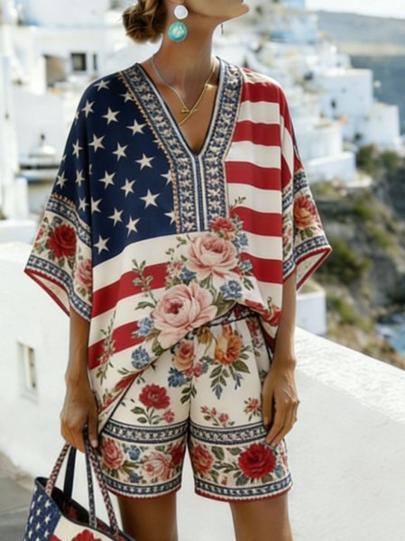 

Women Floral Two-Piece Set Daily Short Sleeve Casual Summer Short Sets Matching Set, As picture, Sets