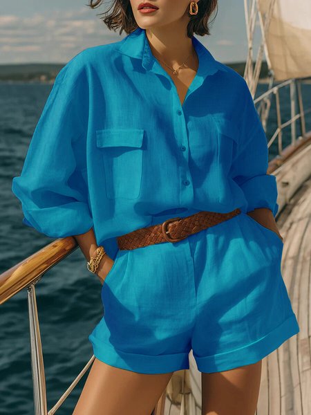 

Women Plain Split Joint Two-Piece Set Daily Half Sleeve Casual Summer Top With Pants Matching Set, Lake blue, Suit Set