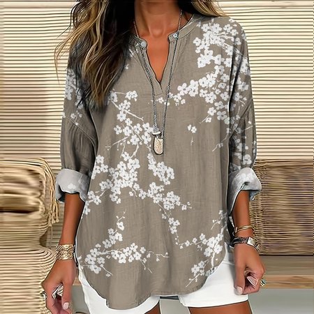 

V Neck Long Sleeve Floral Regular Loose Blouse For Women, Camel, Blouses