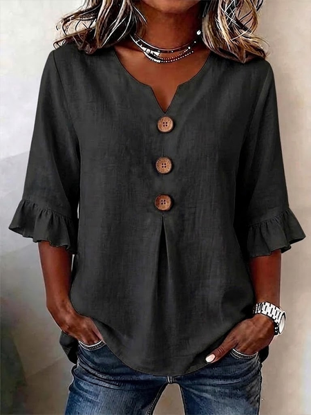 

Women Plain V Neck Half Sleeve Blouse Peplum Vintage Daily Summer Top, Black, Blouses