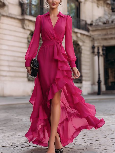 

Elegant Plain Peplum Shawl Collar Maxi Dress With Belt, Deep pink, Maxi Dresses