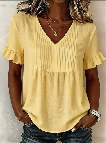 

V Neck Ruffle Sleeve Short Sleeve Plain Regular Loose Shirt For Women, Yellow, T-shirts