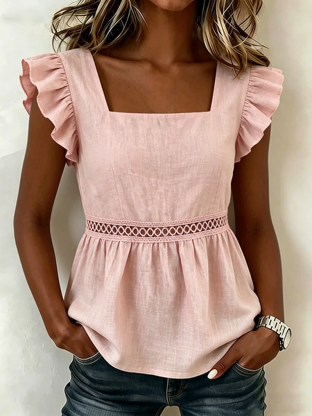 

Petal Sleeve Sleeveless Plain Regular Regular Fit Shirt For Women, Pink, Blouses