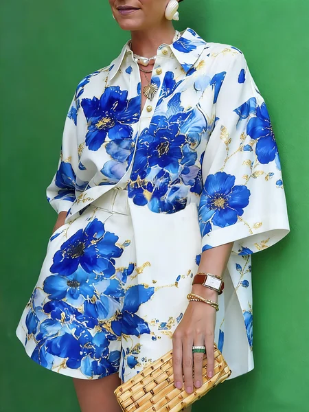 

Elegant Floral Printing Shirt Collar Shirt, Blue, Blouses and Shirts