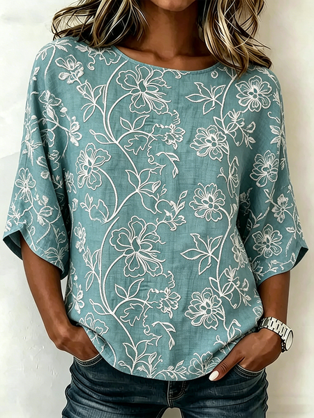 Crew Neck Half Sleeve Floral Lightweight Loose Shirt For Women
