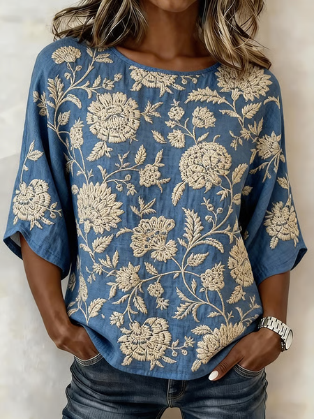 

Women Floral Crew Neck Half Sleeve Blouse Printing Vintage Daily Summer Top, Blue, Blouses