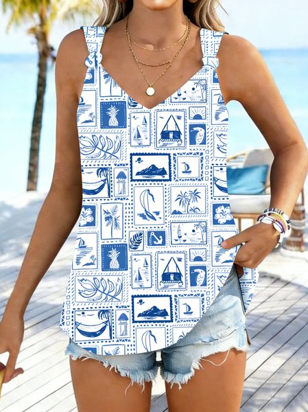 

Casual V Neck Tropical Tank Top, Blue, Tanks & Camis