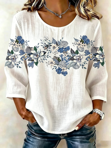 

Crew Neck Half Sleeve 3D Printing Lightweight Loose Shirt For Women, White, Blouses