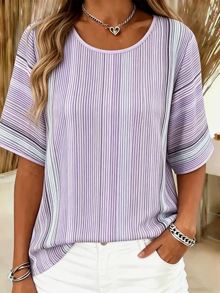 

Vintage Striped Crew Neck Short Sleeve T-shirt, Light purple, T-shirts