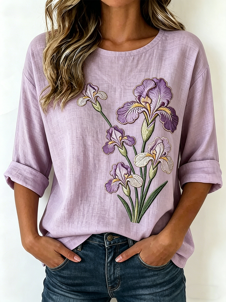Crew Neck Half Sleeve Floral Lightweight Loose Shirt For Women