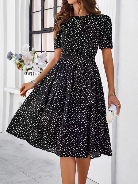Women Polka Dots Summer Dress Crew Neck Short Sleeve A-Line Dress