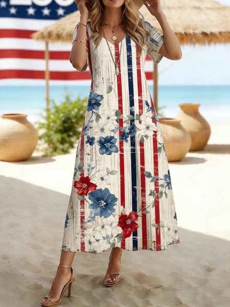 

Women Striped Summer Dress V Neck Short Sleeve T-Shirt Dress A-Line Dress, As picture, Dresses