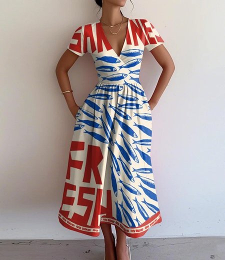 

Women Marine Life Summer Dress V Neck Short Sleeve A-Line Dress, As picture, Dresses