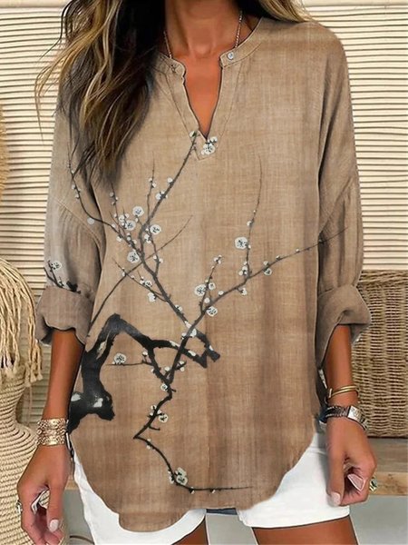 

V Neck Long Sleeve Floral Regular Loose Blouse For Women, Khaki, Blouses