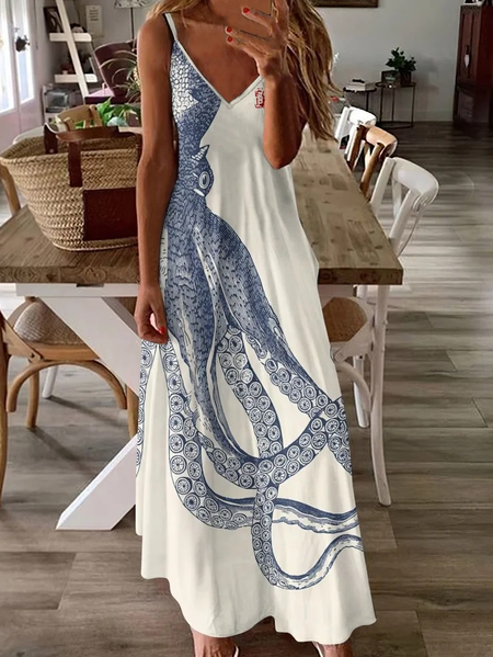 

Women Marine Life Summer Dress V Neck Sleeveless Slip Dress X-Line Dress, White, Dresses