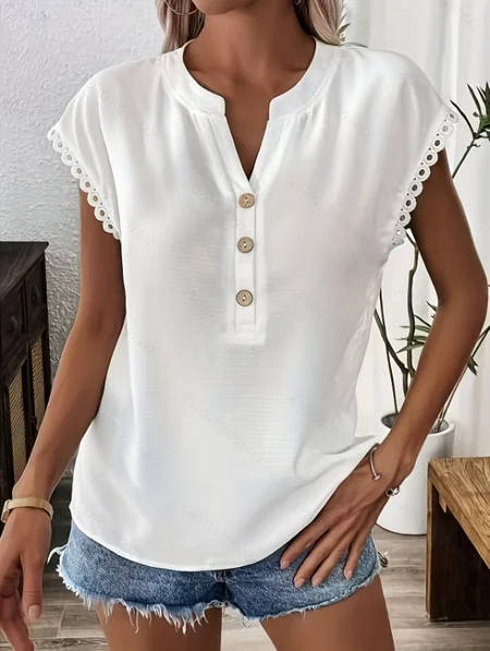 

V Neck Short Sleeve Plain Regular Loose Shirt For Women, White, T-shirts