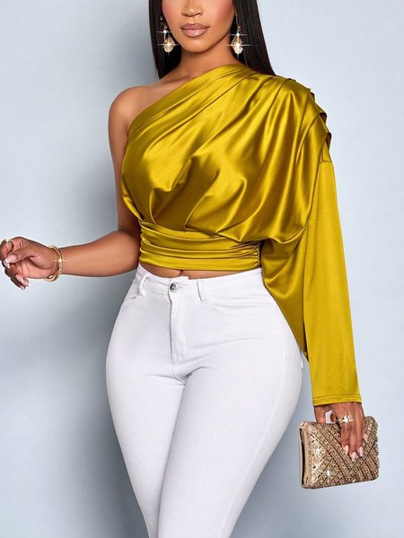 

Satin Elegant Plain Ruched One Shoulder Blouse, Yellow, Blouses and Shirts