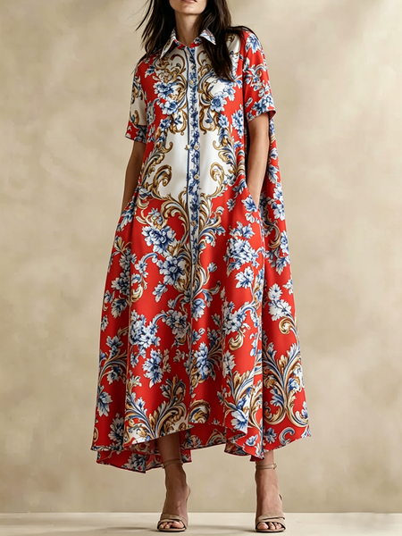 

Urban Ethnic Shirt Collar Maxi Dress, As picture, Maxi Dresses