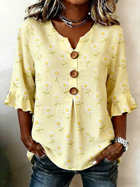 

V Neck Half Sleeve Floral Printing Regular Micro-Elasticity Regular Fit Blouse For Women, Yellow, Blouses