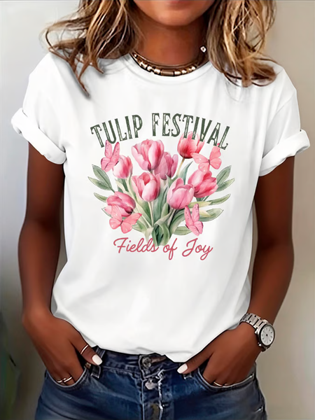 

Women Floral Short Sleeve Tee T-shirt Crew Neck Printing Casual Graphic Tee Summer Top, White, T-Shirts