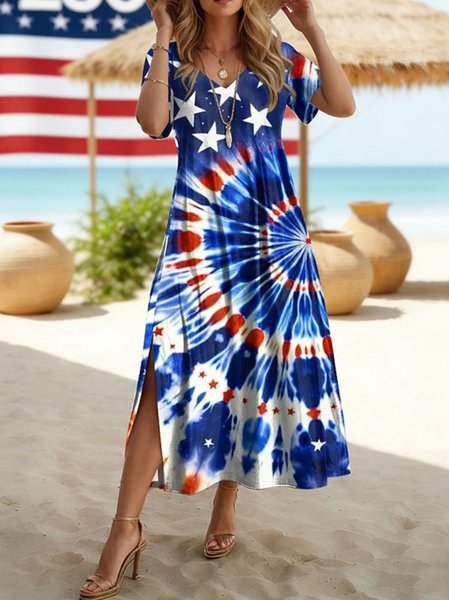 

Women 3D Printing Summer Dress V Neck Short Sleeve T-Shirt Dress A-Line Dress, Blue, Dresses