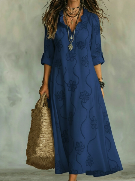 Women Floral Spring/Fall Dress V Neck Long Sleeve Fit & Flare Dress A-Line Dress