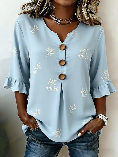 

V Neck Half Sleeve Floral Printing Regular Micro-Elasticity Regular Fit Blouse For Women, Blue, Blouses