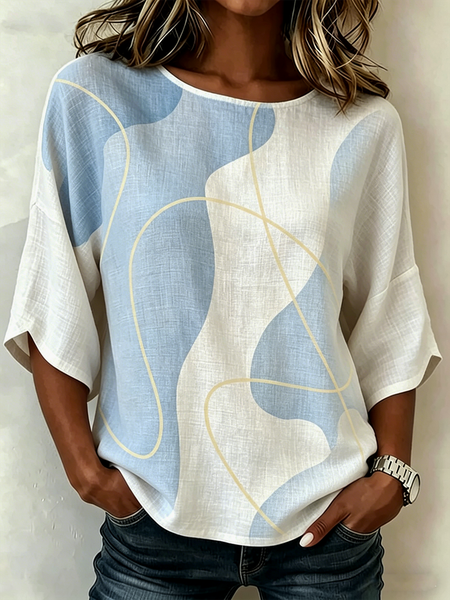 Crew Neck Half Sleeve Geometric Lightweight Loose Shirt For Women