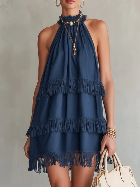 Vacation Plain Tassel Stand Collar Mini Dress