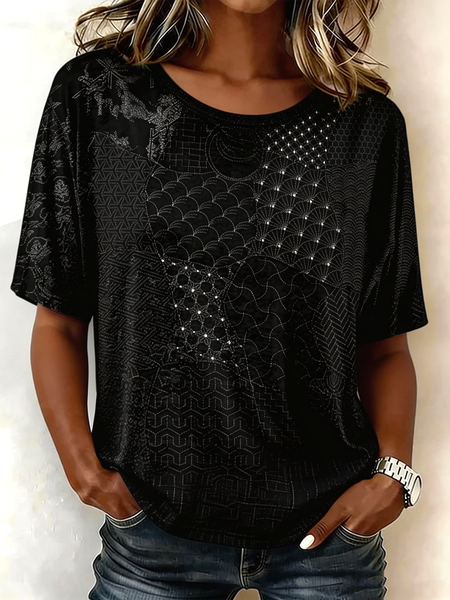 

Vintage Geometric Crew Neck Short Sleeve T-shirt, Black, T-shirts