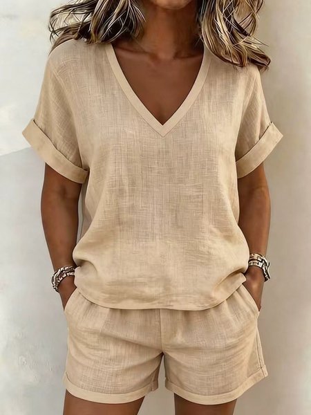 Women Plain Two-Piece Set Daily Short Sleeve Vintage Summer Top With Pants Matching Set