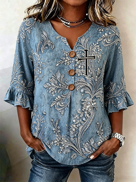 

Half Sleeve Cross Lightweight Loose Shirt For Women, Blue, Blouses