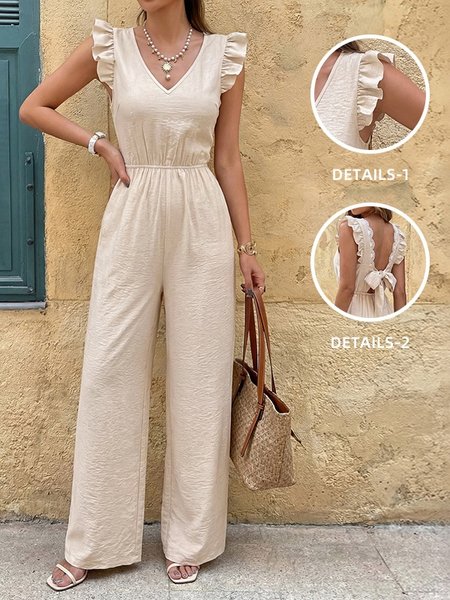 

Women Plain V Neck Sleeveless Casual Ruffle Sleeve Summer Cotton-Blend Jumpsuit, Apricot, Jumpsuits＆Rompers