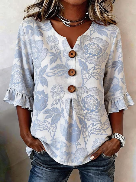 

Women Floral V Neck Half Sleeve Blouse Printing Vintage Daily Summer Top, White, Blouses