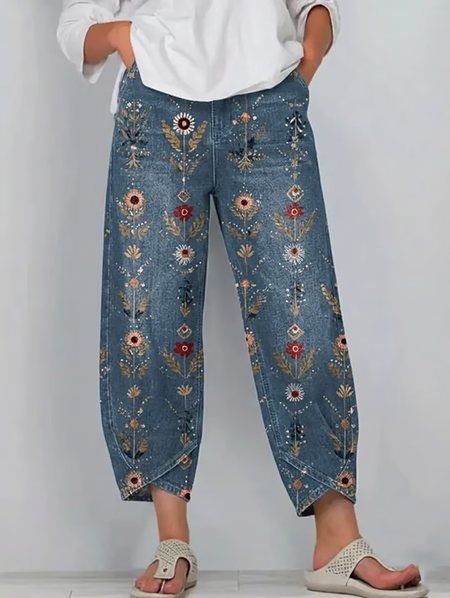 

Women Geometric Capris Pants Vintage Summer Trousers, Denim blue, Pants