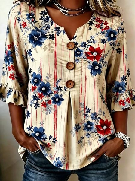 V Neck Half Sleeve Floral Regular Regular Fit Blouse For Women