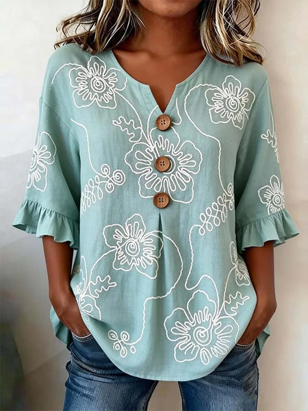 

V Neck Half Sleeve Floral Printing Regular Micro-Elasticity Regular Fit Blouse For Women, Cyan, Blouses